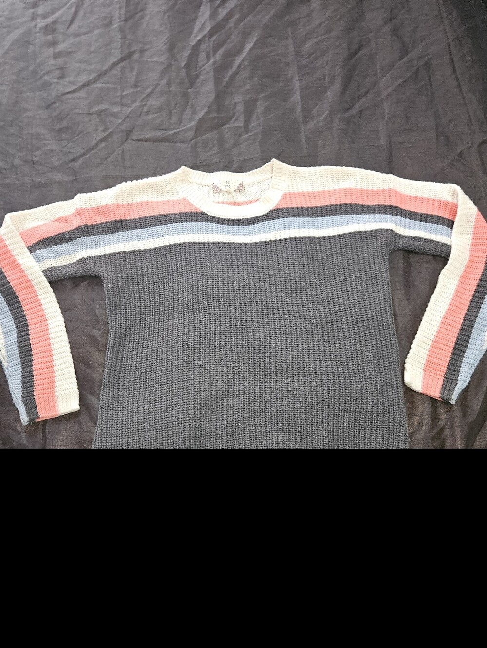 Pink Rose Gray Crewneck Sweater with Cream, Light Blue & Coral Stripes